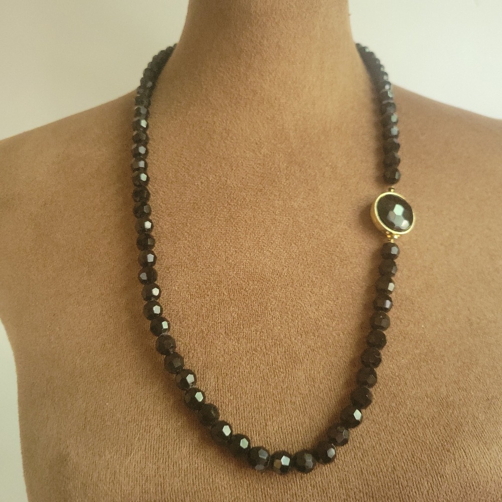Vintage Black Faceted Glass Bead Necklace 24 Inch Gold Tone Clasp Whimsigoth